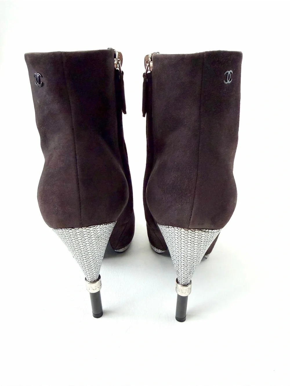 CHANEL | Suede CC Cap Toe Ankle Boots Gray Charcoal Silver High Heel EU 37